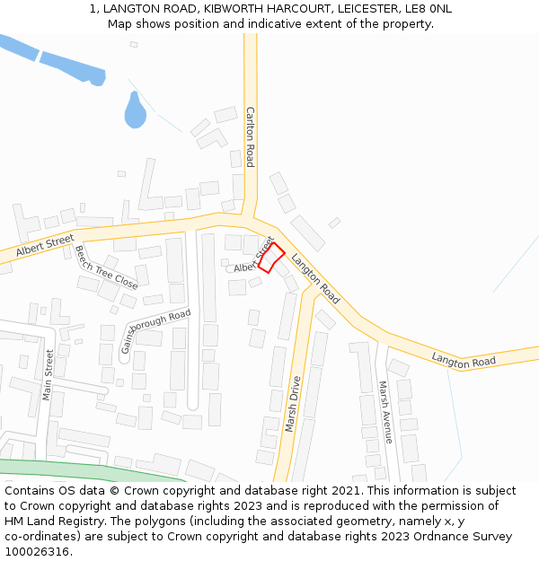 1, LANGTON ROAD, KIBWORTH HARCOURT, LEICESTER, LE8 0NL: Location map and indicative extent of plot
