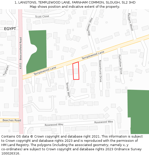 1, LANGTONS, TEMPLEWOOD LANE, FARNHAM COMMON, SLOUGH, SL2 3HD: Location map and indicative extent of plot