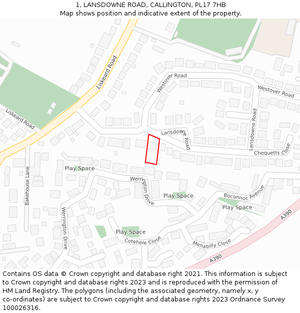 1, LANSDOWNE ROAD, CALLINGTON, PL17 7HB: Location map and indicative extent of plot