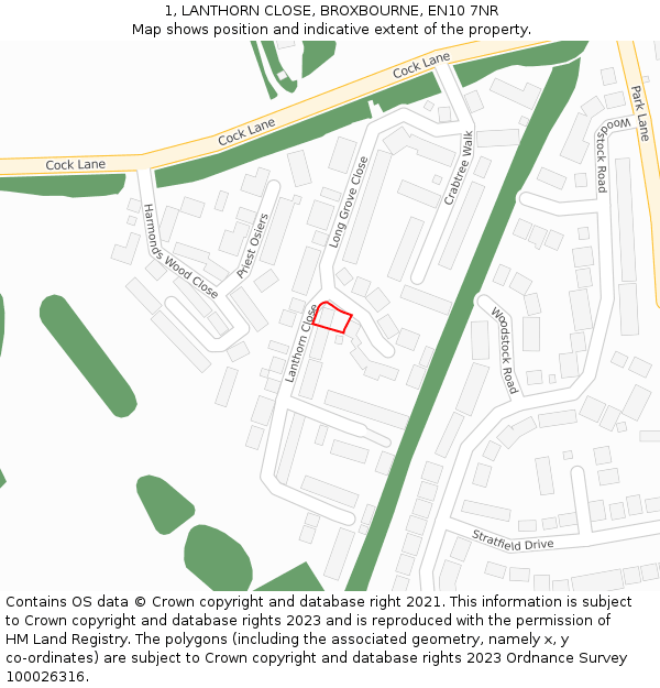 1, LANTHORN CLOSE, BROXBOURNE, EN10 7NR: Location map and indicative extent of plot