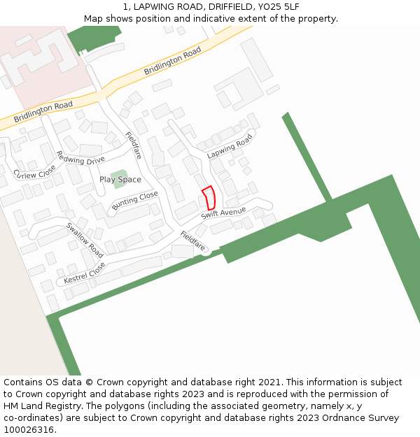 1, LAPWING ROAD, DRIFFIELD, YO25 5LF: Location map and indicative extent of plot