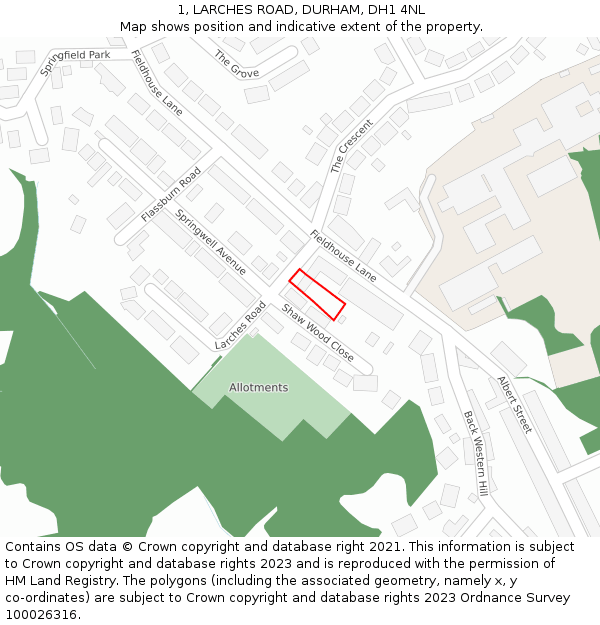 1, LARCHES ROAD, DURHAM, DH1 4NL: Location map and indicative extent of plot