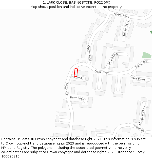 1, LARK CLOSE, BASINGSTOKE, RG22 5PX: Location map and indicative extent of plot