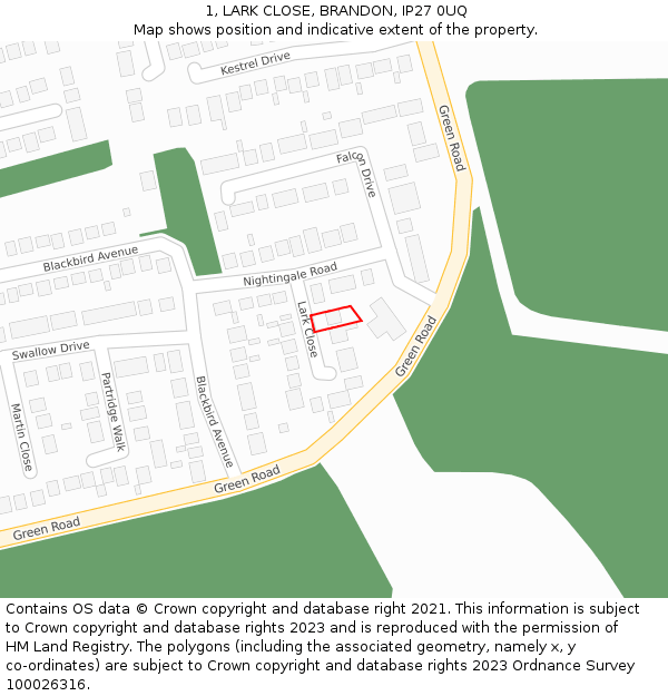 1, LARK CLOSE, BRANDON, IP27 0UQ: Location map and indicative extent of plot