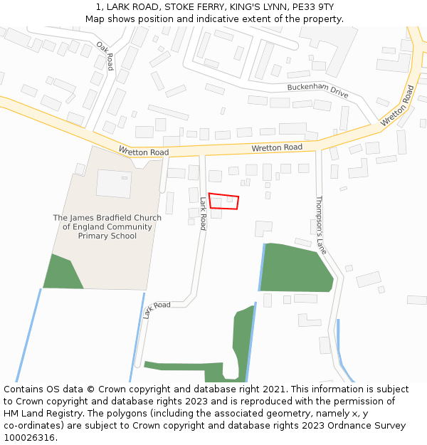 1, LARK ROAD, STOKE FERRY, KING'S LYNN, PE33 9TY: Location map and indicative extent of plot