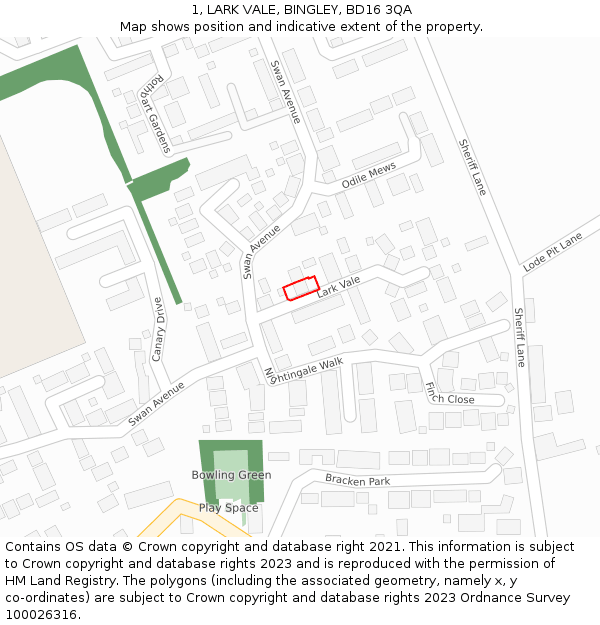 1, LARK VALE, BINGLEY, BD16 3QA: Location map and indicative extent of plot