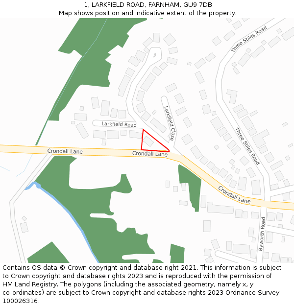 1, LARKFIELD ROAD, FARNHAM, GU9 7DB: Location map and indicative extent of plot