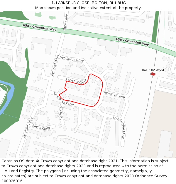 1, LARKSPUR CLOSE, BOLTON, BL1 8UG: Location map and indicative extent of plot