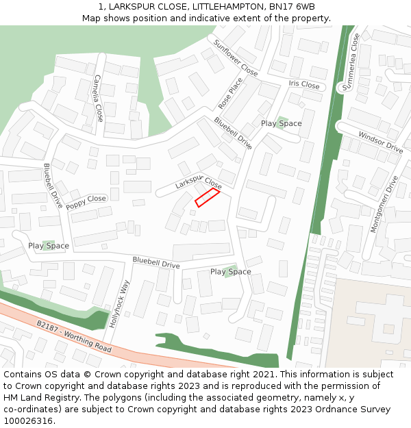 1, LARKSPUR CLOSE, LITTLEHAMPTON, BN17 6WB: Location map and indicative extent of plot