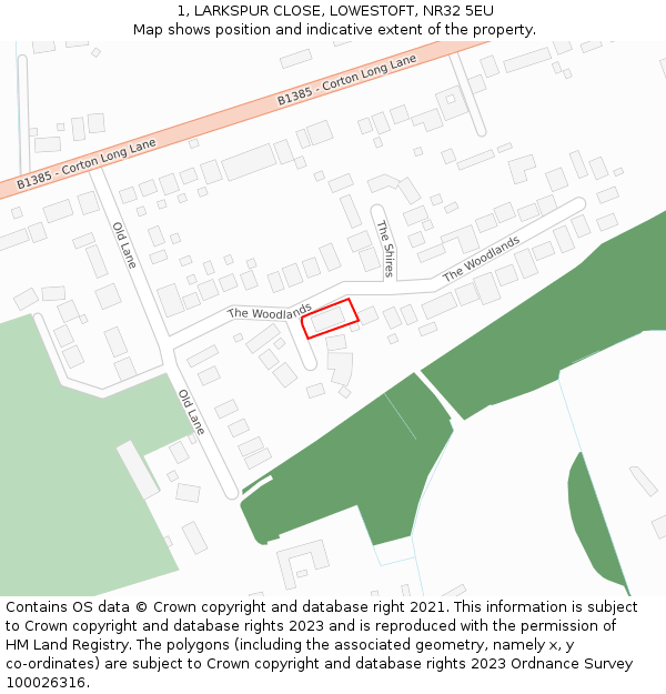 1, LARKSPUR CLOSE, LOWESTOFT, NR32 5EU: Location map and indicative extent of plot