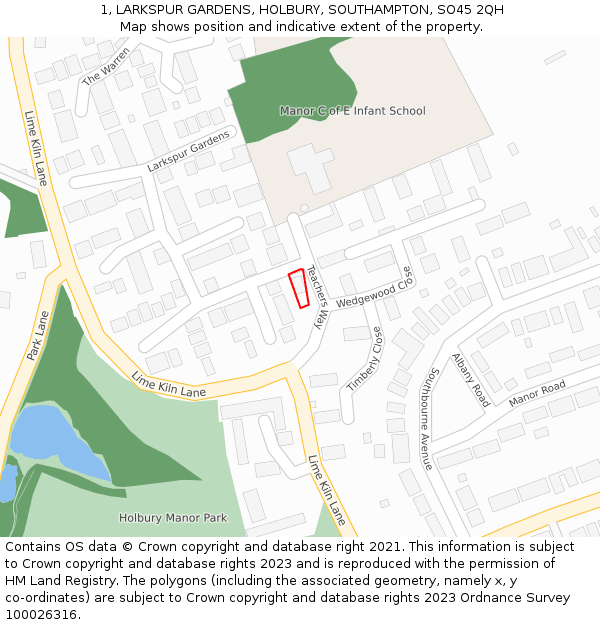 1, LARKSPUR GARDENS, HOLBURY, SOUTHAMPTON, SO45 2QH: Location map and indicative extent of plot