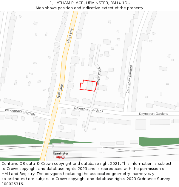 1, LATHAM PLACE, UPMINSTER, RM14 1DU: Location map and indicative extent of plot