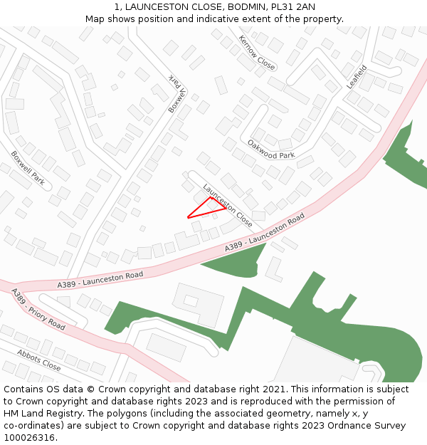 1, LAUNCESTON CLOSE, BODMIN, PL31 2AN: Location map and indicative extent of plot