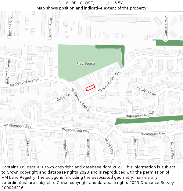 1, LAUREL CLOSE, HULL, HU5 5YL: Location map and indicative extent of plot