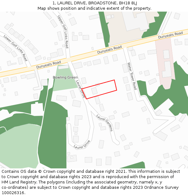 1, LAUREL DRIVE, BROADSTONE, BH18 8LJ: Location map and indicative extent of plot