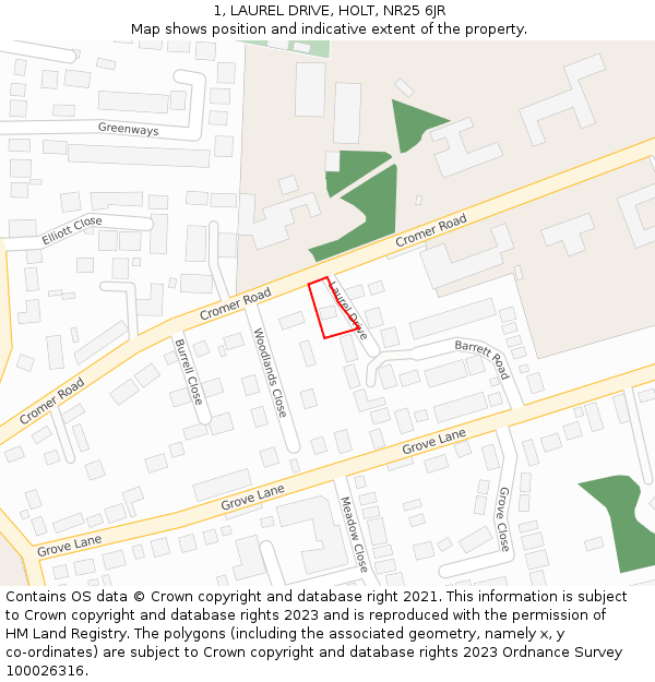 1, LAUREL DRIVE, HOLT, NR25 6JR: Location map and indicative extent of plot