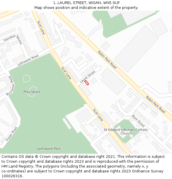 1, LAUREL STREET, WIGAN, WN5 0UF: Location map and indicative extent of plot