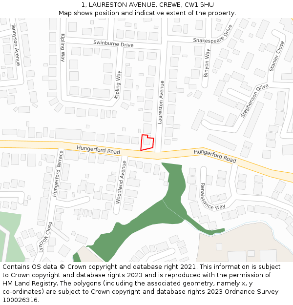 1, LAURESTON AVENUE, CREWE, CW1 5HU: Location map and indicative extent of plot