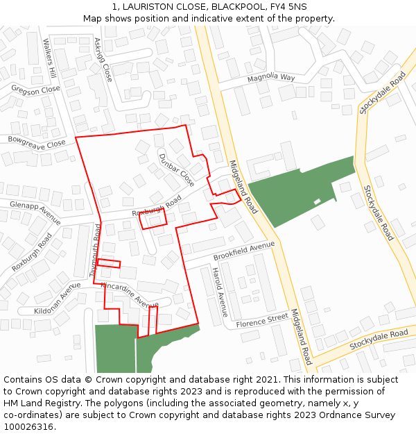 1, LAURISTON CLOSE, BLACKPOOL, FY4 5NS: Location map and indicative extent of plot