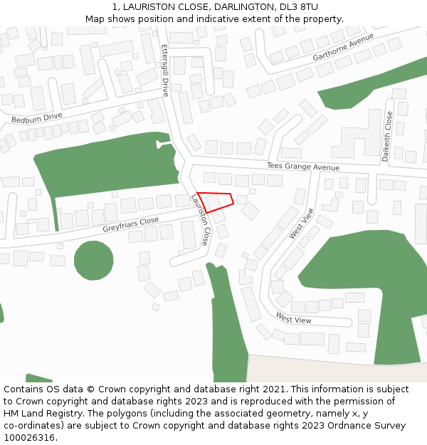 1, LAURISTON CLOSE, DARLINGTON, DL3 8TU: Location map and indicative extent of plot
