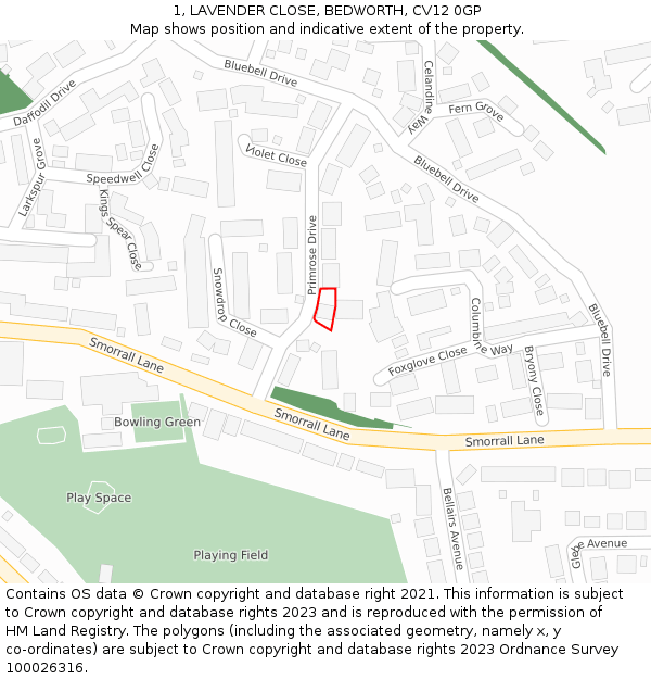 1, LAVENDER CLOSE, BEDWORTH, CV12 0GP: Location map and indicative extent of plot