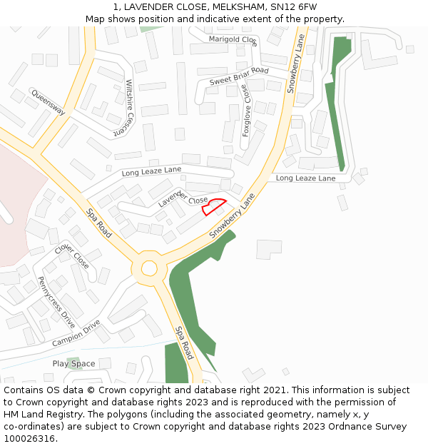 1, LAVENDER CLOSE, MELKSHAM, SN12 6FW: Location map and indicative extent of plot