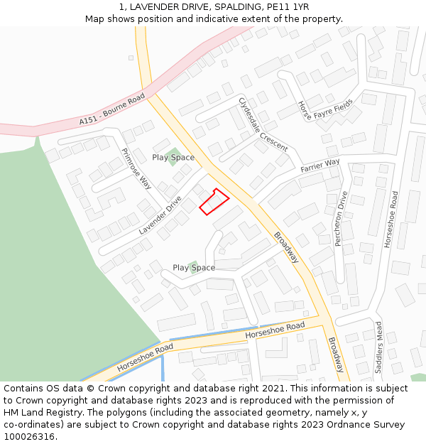 1, LAVENDER DRIVE, SPALDING, PE11 1YR: Location map and indicative extent of plot