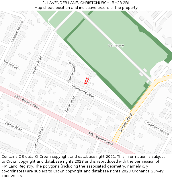 1, LAVENDER LANE, CHRISTCHURCH, BH23 2BL: Location map and indicative extent of plot