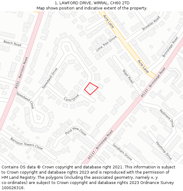 1, LAWFORD DRIVE, WIRRAL, CH60 2TD: Location map and indicative extent of plot