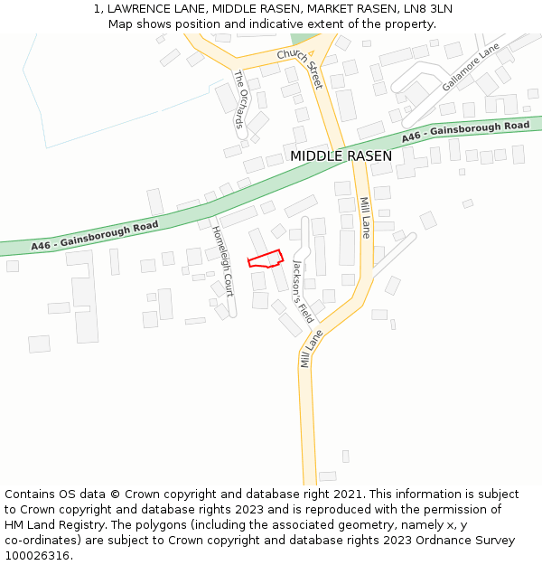 1, LAWRENCE LANE, MIDDLE RASEN, MARKET RASEN, LN8 3LN: Location map and indicative extent of plot