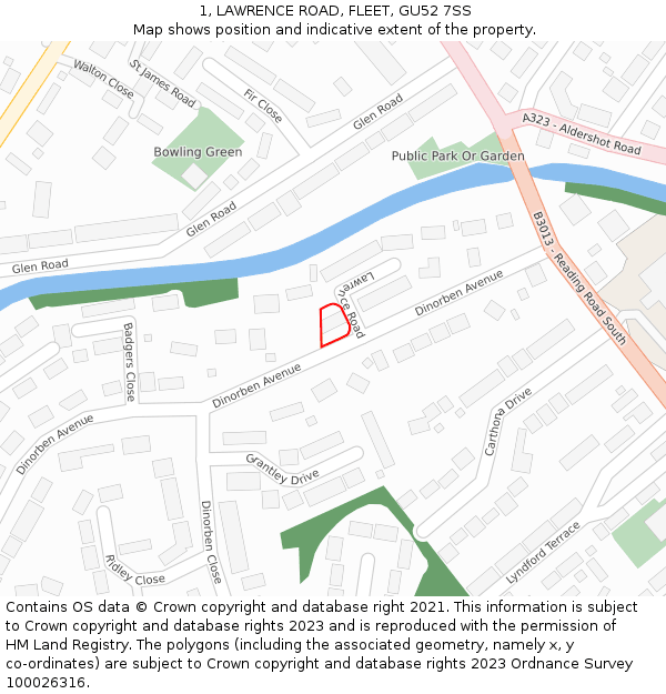 1, LAWRENCE ROAD, FLEET, GU52 7SS: Location map and indicative extent of plot