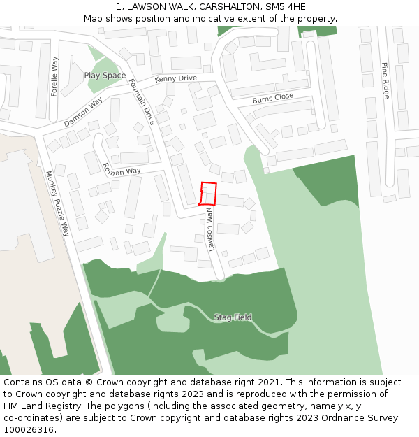 1, LAWSON WALK, CARSHALTON, SM5 4HE: Location map and indicative extent of plot