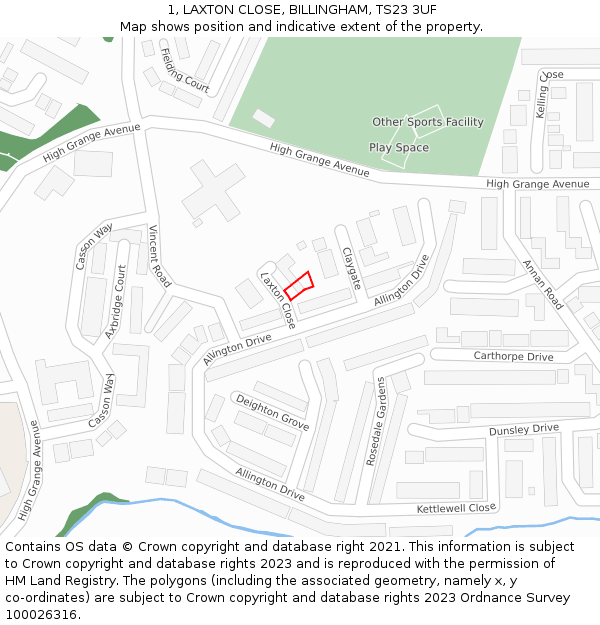 1, LAXTON CLOSE, BILLINGHAM, TS23 3UF: Location map and indicative extent of plot