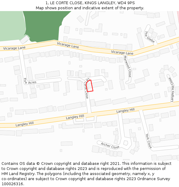 1, LE CORTE CLOSE, KINGS LANGLEY, WD4 9PS: Location map and indicative extent of plot