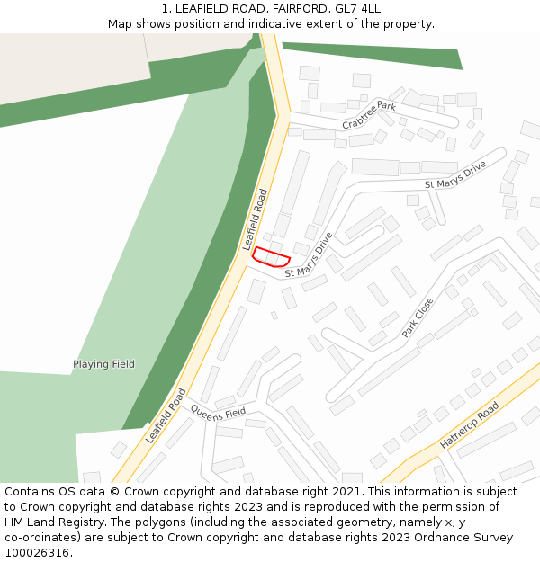 1, LEAFIELD ROAD, FAIRFORD, GL7 4LL: Location map and indicative extent of plot