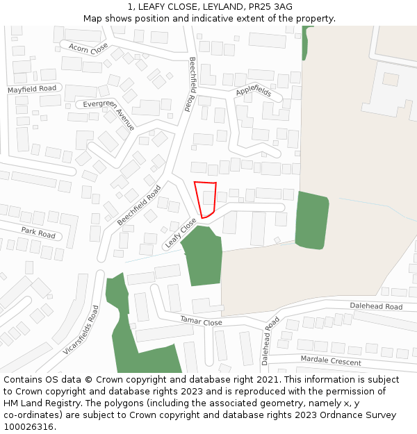 1, LEAFY CLOSE, LEYLAND, PR25 3AG: Location map and indicative extent of plot