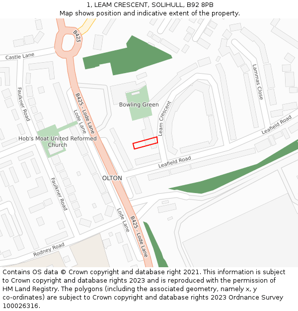 1, LEAM CRESCENT, SOLIHULL, B92 8PB: Location map and indicative extent of plot