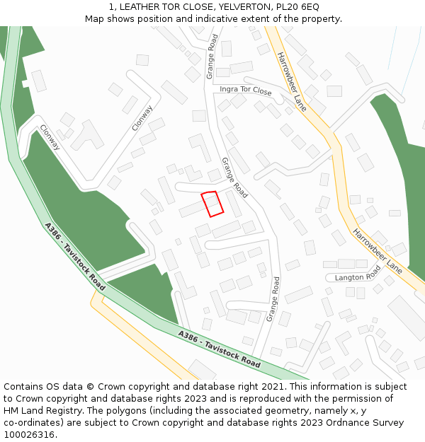 1, LEATHER TOR CLOSE, YELVERTON, PL20 6EQ: Location map and indicative extent of plot