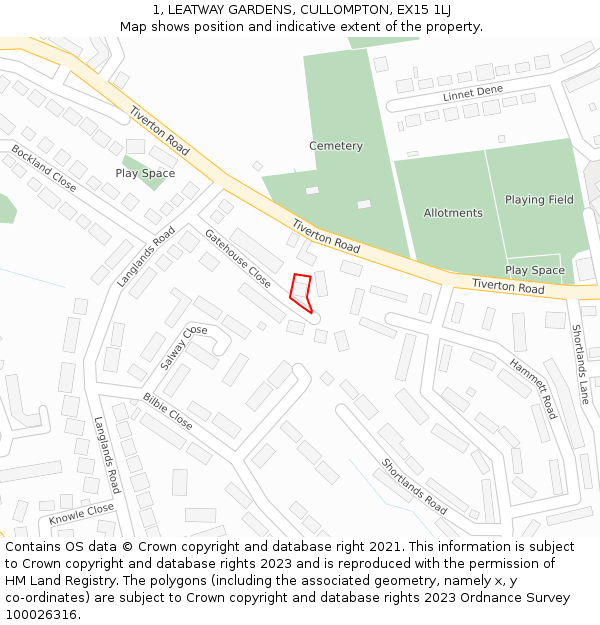 1, LEATWAY GARDENS, CULLOMPTON, EX15 1LJ: Location map and indicative extent of plot