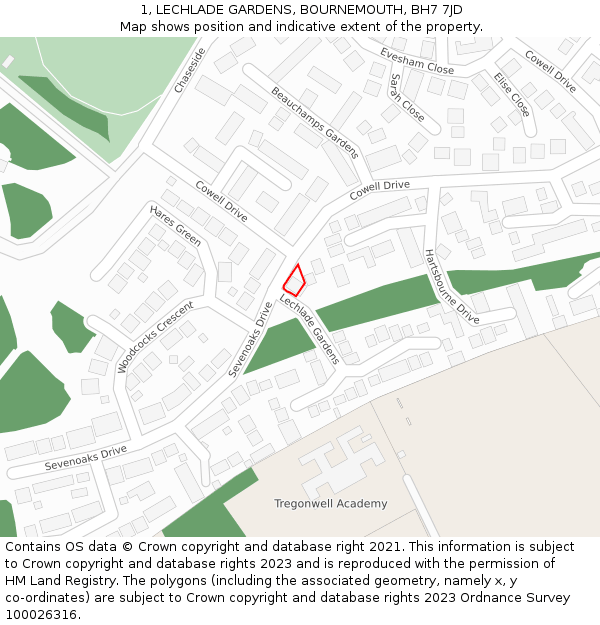 1, LECHLADE GARDENS, BOURNEMOUTH, BH7 7JD: Location map and indicative extent of plot