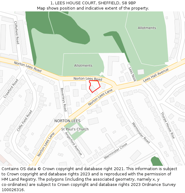 1, LEES HOUSE COURT, SHEFFIELD, S8 9BP: Location map and indicative extent of plot