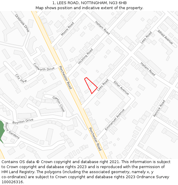 1, LEES ROAD, NOTTINGHAM, NG3 6HB: Location map and indicative extent of plot