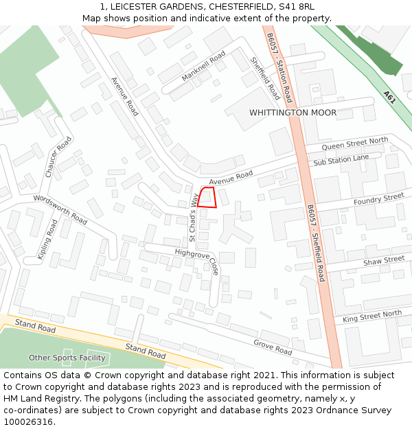 1, LEICESTER GARDENS, CHESTERFIELD, S41 8RL: Location map and indicative extent of plot