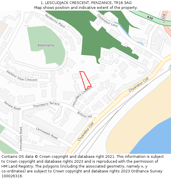 1, LESCUDJACK CRESCENT, PENZANCE, TR18 3AG: Location map and indicative extent of plot