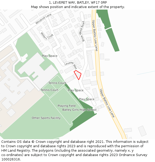 1, LEVERET WAY, BATLEY, WF17 0RP: Location map and indicative extent of plot