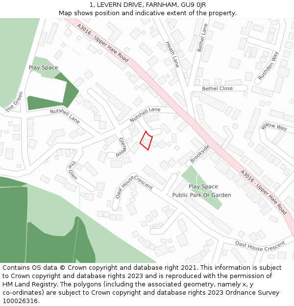 1, LEVERN DRIVE, FARNHAM, GU9 0JR: Location map and indicative extent of plot