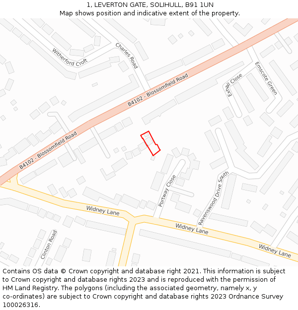 1, LEVERTON GATE, SOLIHULL, B91 1UN: Location map and indicative extent of plot