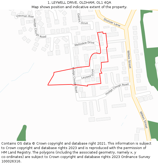 1, LEYWELL DRIVE, OLDHAM, OL1 4QA: Location map and indicative extent of plot