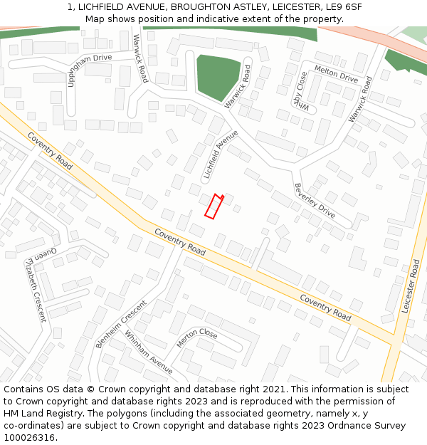 1, LICHFIELD AVENUE, BROUGHTON ASTLEY, LEICESTER, LE9 6SF: Location map and indicative extent of plot