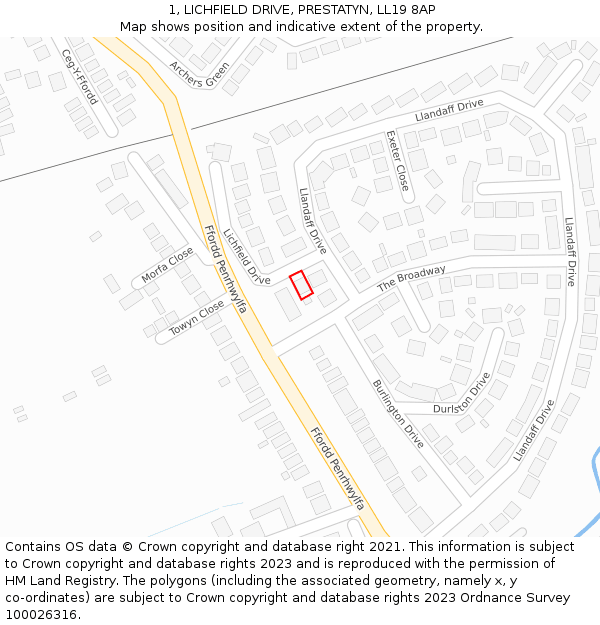 1, LICHFIELD DRIVE, PRESTATYN, LL19 8AP: Location map and indicative extent of plot